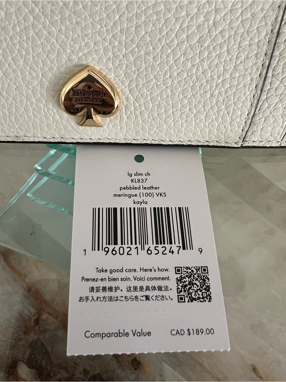 kate spade White Pebbled Leather Card & Key Holder with Gold Spade Logo